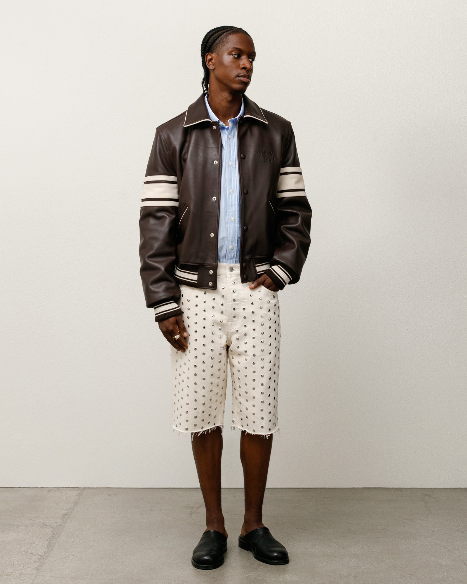 Wb Leather Varsity Mens Long Sleeve In Brown